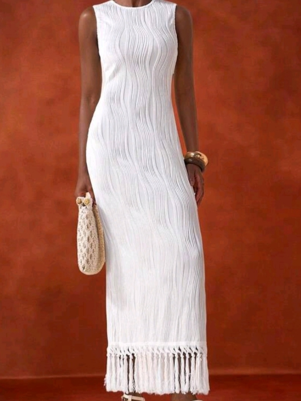 White Women Bodycon Straight Dress Tassel Bottom Textured Maxi Stretchy Size L